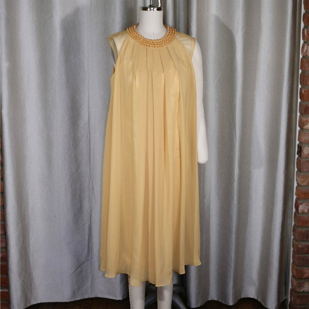 Lan Ting Gold Chiffon Maxi Dress with Pearl Neckline - Size Large NWT